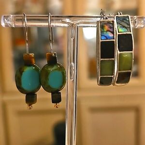 Silvertone Southwest Mixed Media Inlay Oval Hoop & Stone Ceramic Dangle Earrings